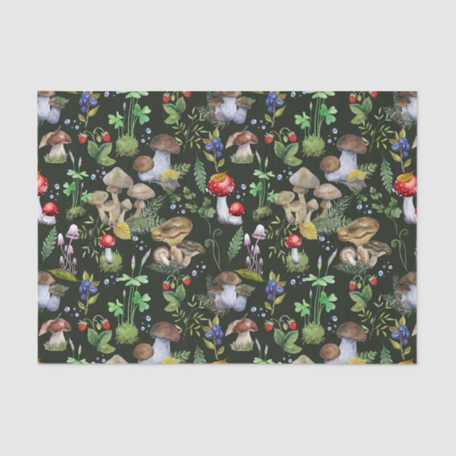Papel De Seda Acuarela Selva Vegetación Mushrooms Berries Green (Anverso)