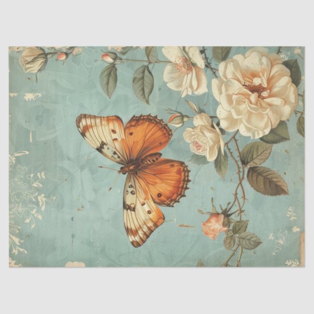 Papel De Seda Acuarela Shabby naranja elegante mariposa y rosas (Anverso)
