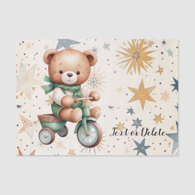 Papel De Seda Acuarela Teddy Bear Stars Green Bike Hermoso (Anverso)