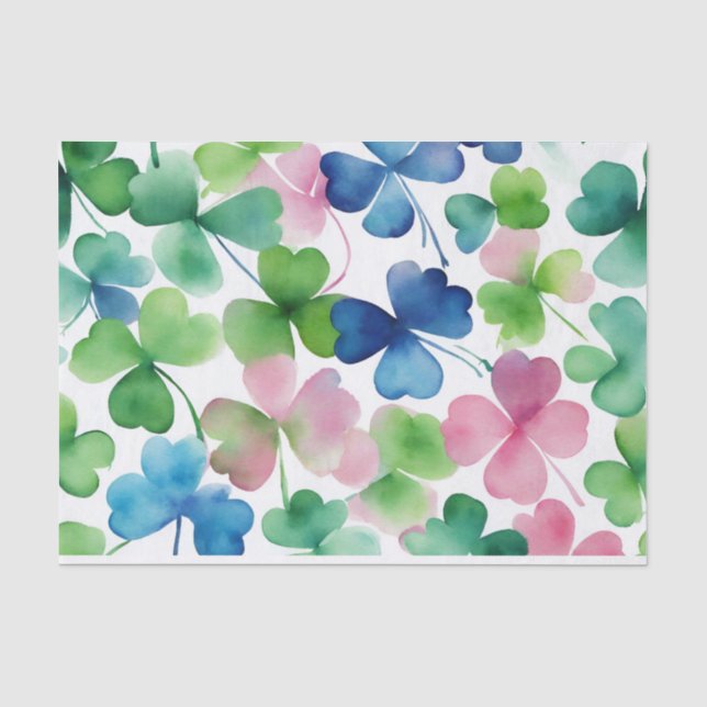 Papel De Seda Acuarela Trebol de Cuatro Hojas Rosa Verde Azul (Anverso)