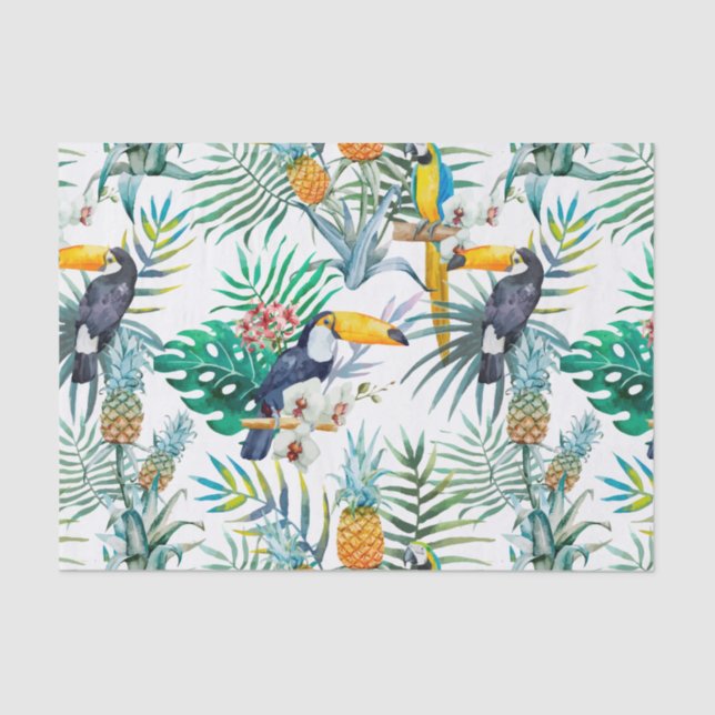 Papel De Seda Acuarela tropical del pájaro del loro de la piña (Anverso)