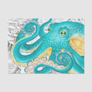 Papel De Seda Acuarela verde azulada Octopus Mapa Náutico