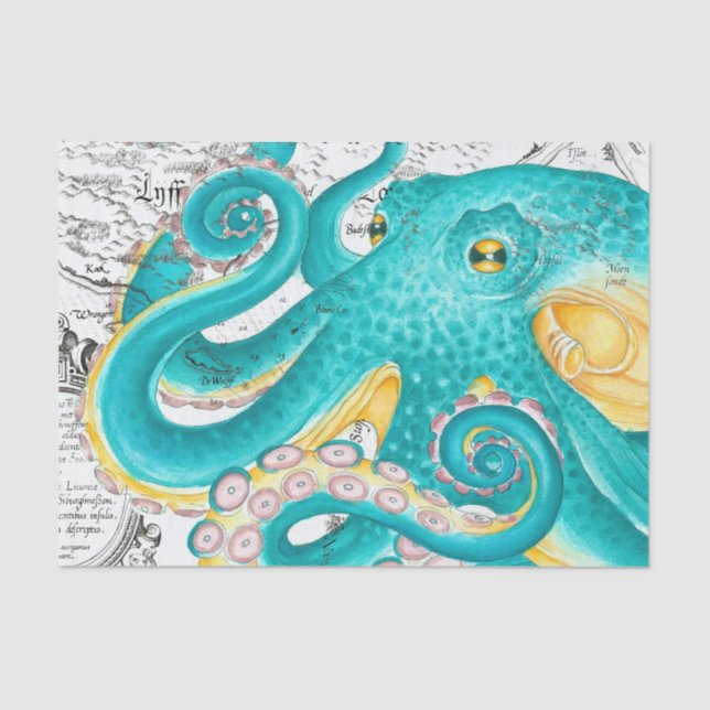Papel De Seda Acuarela verde azulada Octopus Mapa Náutico (Anverso)