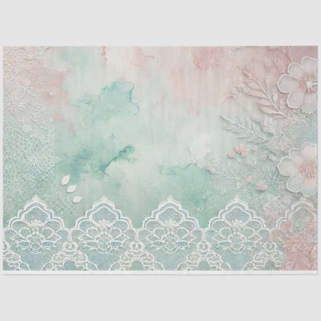 Papel De Seda Acuarelas de melocotón y verde y encaje (Anverso)