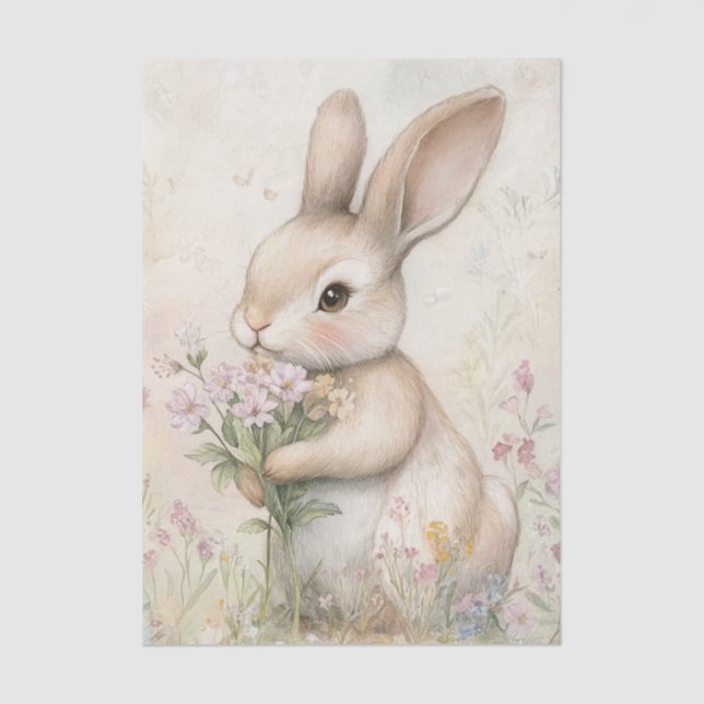 Papel De Seda Adorable Bunny Holding a Bouquet of Wildflowers (Anverso)