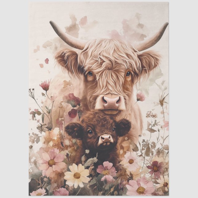Papel De Seda Adorable Highland Cow Calf with Mom Decoupage (Anverso)