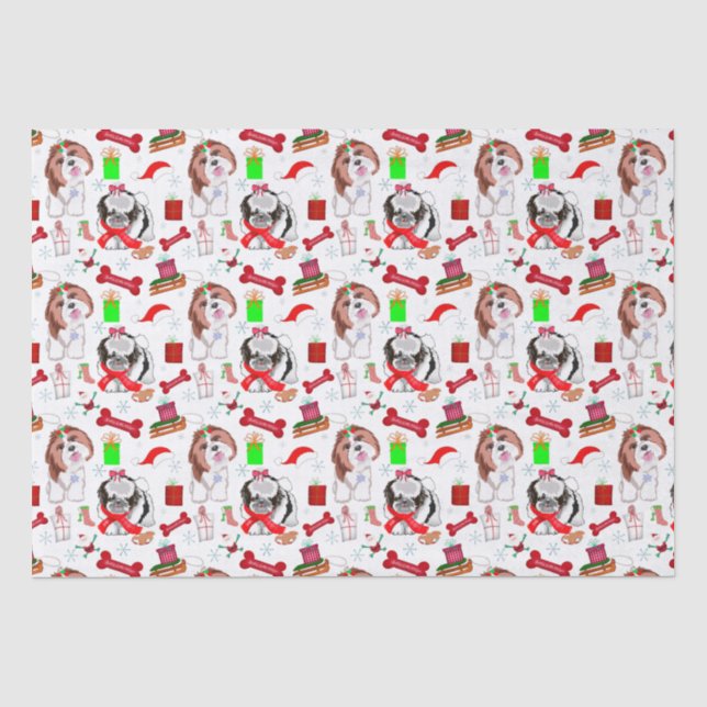 Papel De Seda Adorable patrón continuo de Navidad de Shih Tzu   (Anverso)