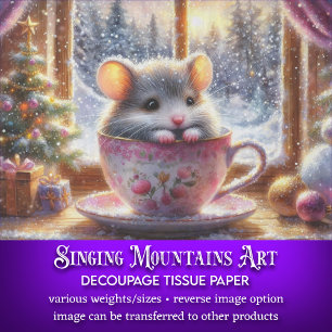 Papel De Seda Adorable Ratón de Taza de Té Decoupage Navideño Fe