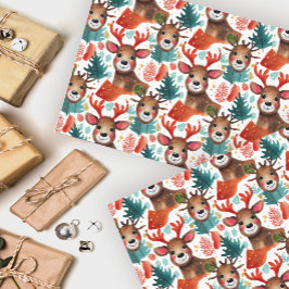 Papel De Seda Adorable Reno Ciervo Rojo Y Verde Acuarela De Navi