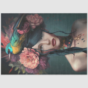 Papel De Seda Adorno para la cabeza de pájaro y floral Retrato d