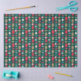 Papel De Seda Adornos de garabato retro en rojo verde rosa dorad