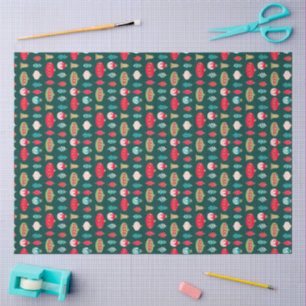 Papel De Seda Adornos de garabato retro en rojo verde rosa dorad