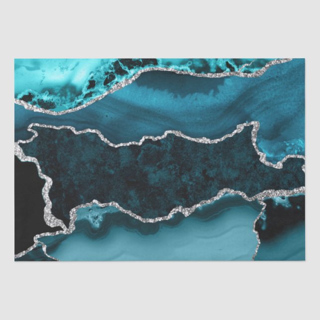 Papel De Seda Ágata de mármol con brillo teal y falso plateado (Anverso)