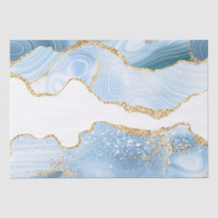Papel De Seda Ágata Mármol Brillo Baby Blue y Falso Oro