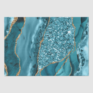 Papel De Seda Ágata Oceánica Elegante Teal y Dorado Brillante
