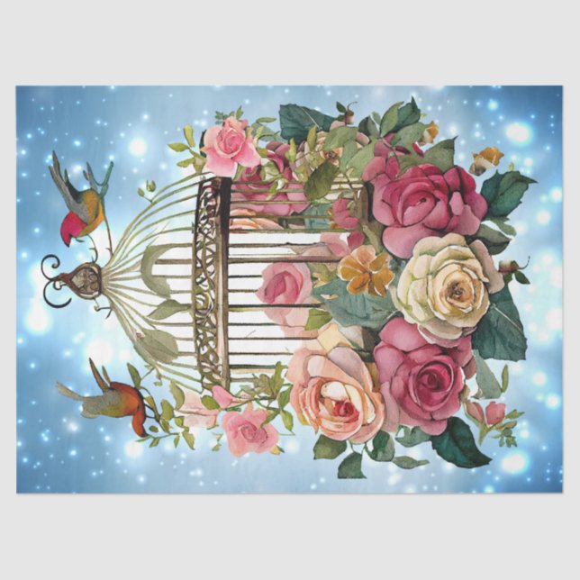 Papel De Seda Agua azul invernal Floral Floral Bird Cage Decoupa (Anverso)