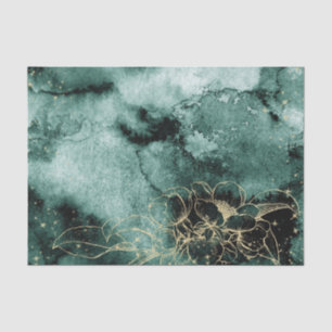 Papel De Seda Agua de color verde oscuro con flores doradas