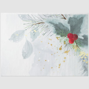 Papel De Seda Aguamarina Invierno Acebo Fruta Ramita De Pino Nav