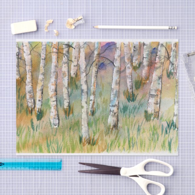 Papel De Seda Álamos de otoño en acuarela (Artesanía)