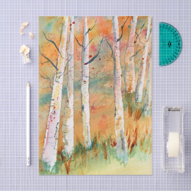 Papel De Seda Álamos de otoño en acuarela (Artesanía)