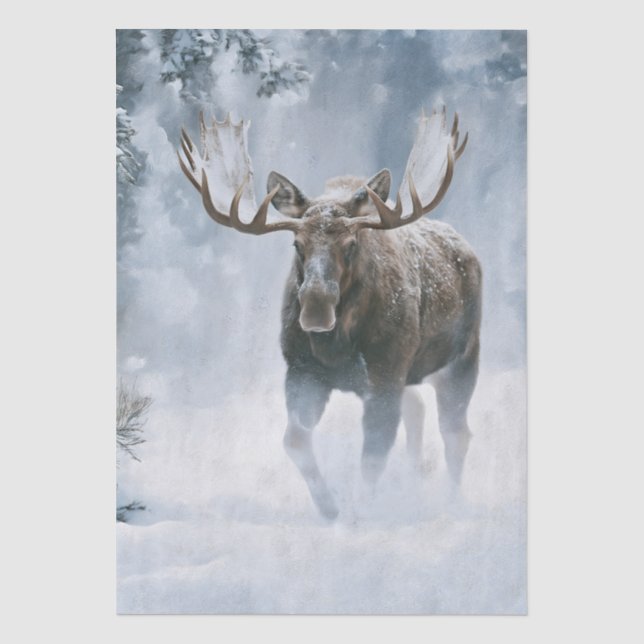 Papel De Seda Alce Macho Caminando a Través de la Nieve Boreal (Anverso)