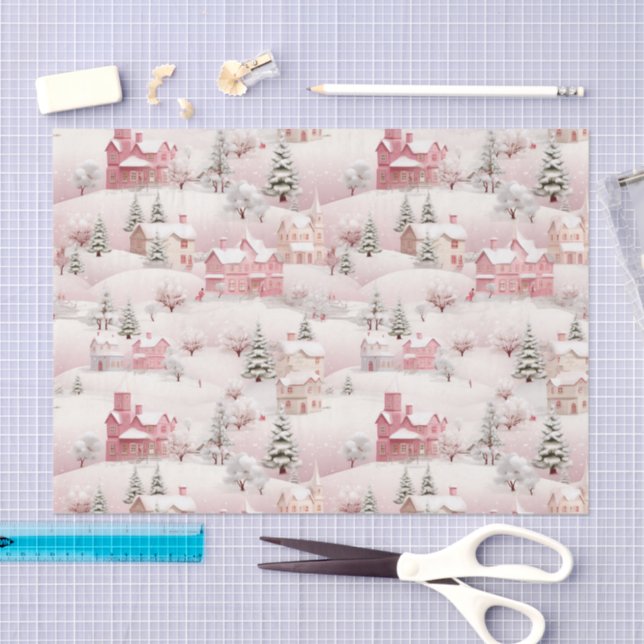 Papel De Seda Aldea de Navidad invernal nevada rosa Escenografía (Artesanía)