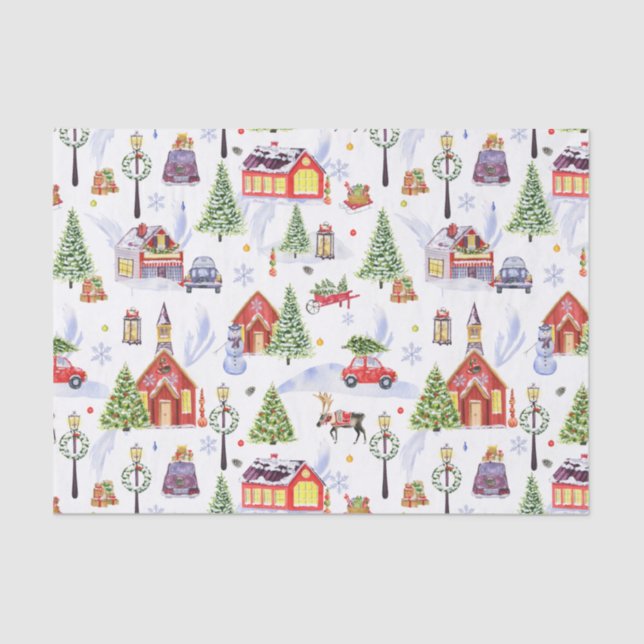 Papel De Seda Aldea navideña virgen con árbol navideño (Anverso)