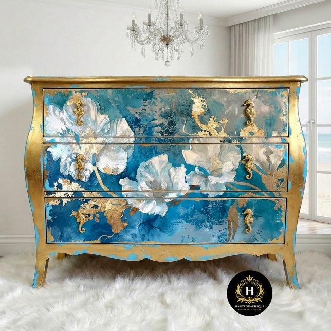 Papel De Seda Algas marinas con flores de oro y azul costero (Subido por el creador)