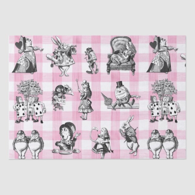 Papel De Seda Alice In Wonderland, gingham rosa y blanca (Anverso)