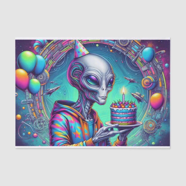 Papel De Seda Alien sostiene pastel de cumpleaños (Anverso)
