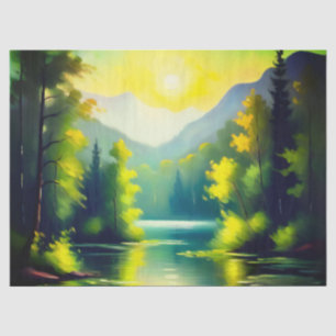 Papel De Seda Amanecer sobre montañas cubiertas de nieve y lago