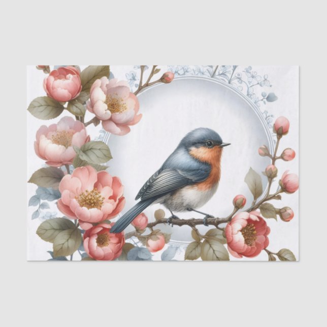 Papel De Seda Amantes del pájaro lindo descomposición de flores (Anverso)