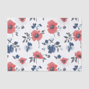 Papel De Seda Amapola Coral Azul Marino Floral Botánico