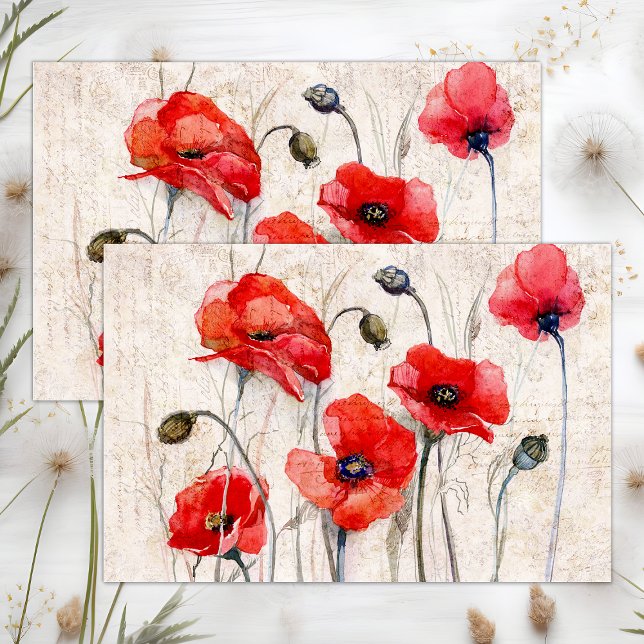 PAPEL DE SEDA AMAPOLAS ROJAS DECOUPAGE DE MEDIOS MIXTOS (RED POPPIES DISTRESSED MIXED MEDIA DECOUPAGE TISSUE PAPER)