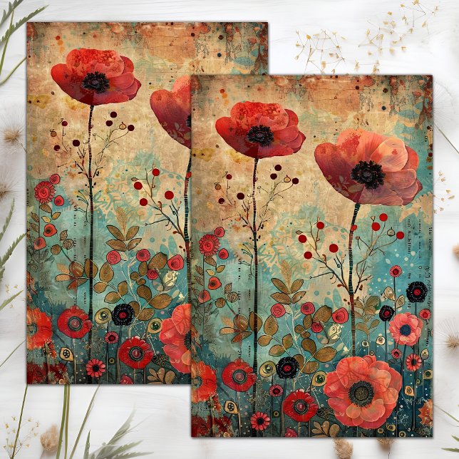 PAPEL DE SEDA AMAPOLAS ROJAS EN COLLAGE DE PRADO DECOUPAGE (RED POPPIES IN MEADOW COLLAGE DECOUPAGE TISSUE PAPER)