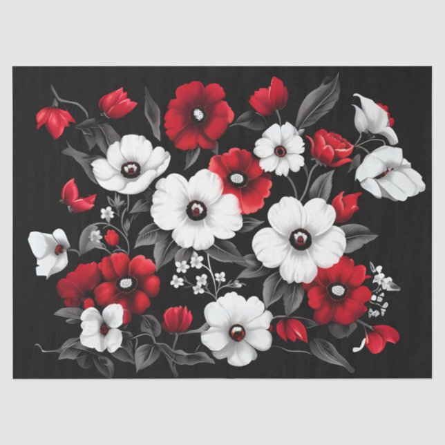 Papel De Seda Amapolas rojas y blancas sobre decoupage negro (Anverso)