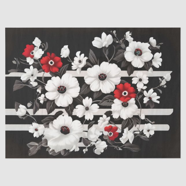 Papel De Seda Amapolas rojas y blancas sobre negro decoupage (Anverso)