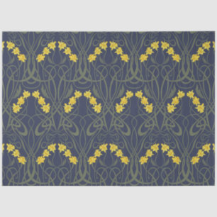 Papel De Seda Amarillo Art Nouveau Narcisos y Tallos Azul