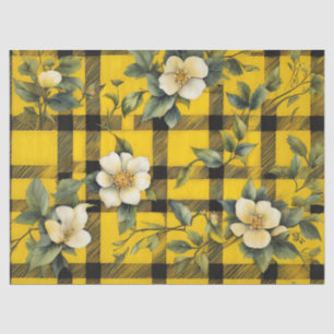 Papel De Seda Amarillo rústico y negro con flores blancas d