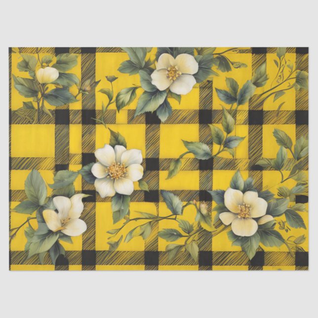 Papel De Seda Amarillo rústico y negro con flores blancas d (Anverso)