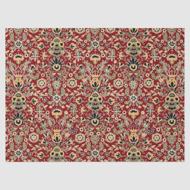 Papel De Seda Amarillo, verde, negro sobre rojo profundo (Anverso)