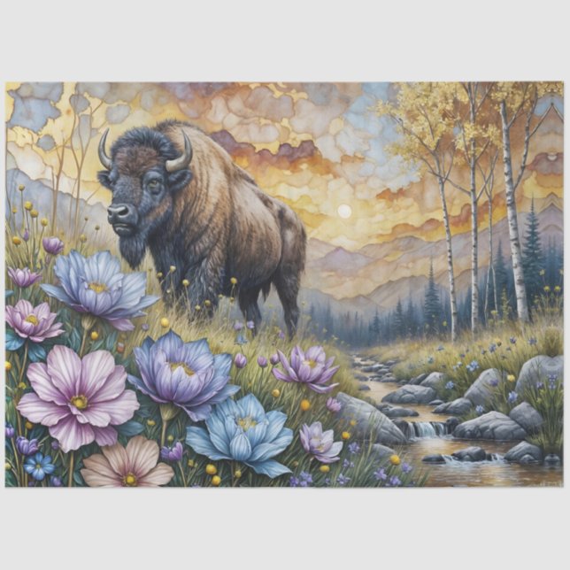 Papel De Seda American Bison in floral mountain valley (Anverso)
