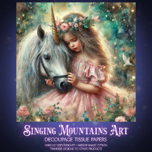 Papel De Seda Amistad de Unicornio Mágico y Niña Decoupage