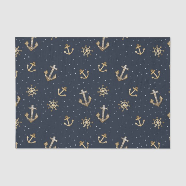 Papel De Seda Ancla de oro nautico y patrón de casco en azul (Anverso)