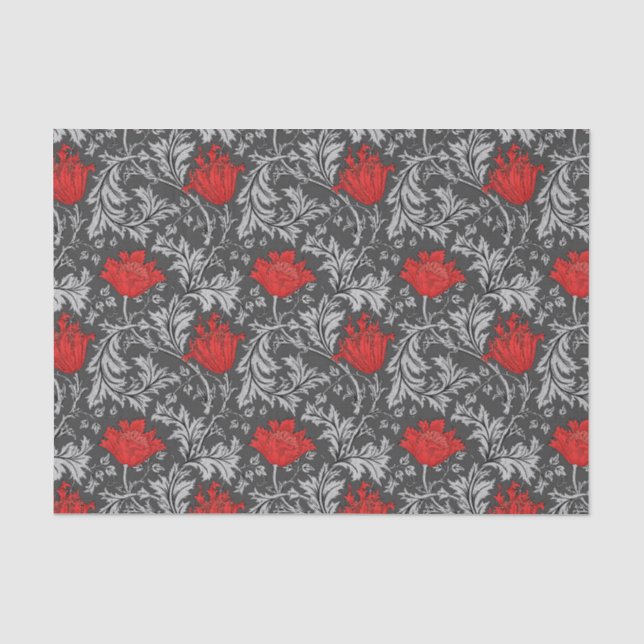 Papel De Seda Anémona de William Morris, gris/gris y rojo (Anverso)