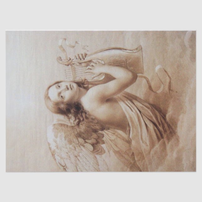 Papel De Seda ANGEL JUGANDO LYRA SOBRE LAS NUBES Sepia Marrón (Anverso)