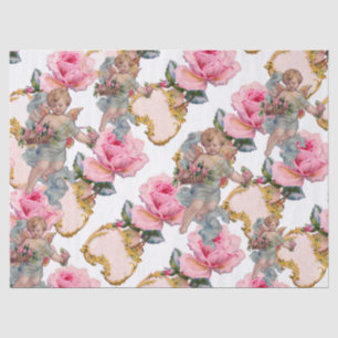 PAPEL DE SEDA ÁNGEL ROMÁNTICO RECOGIENDO ROSAS ROSADAS