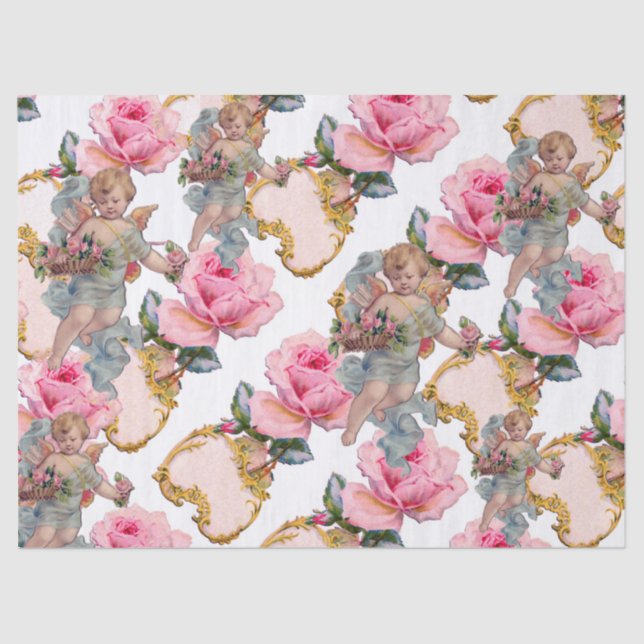 PAPEL DE SEDA ÁNGEL ROMÁNTICO RECOGIENDO ROSAS ROSADAS (Anverso)
