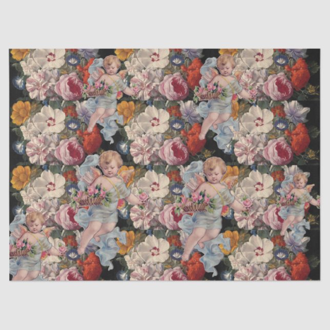 PAPEL DE SEDA ÁNGEL ROMÁNTICO RECOLECTANDO ROSAS Y FLORES ROSADA (Anverso)