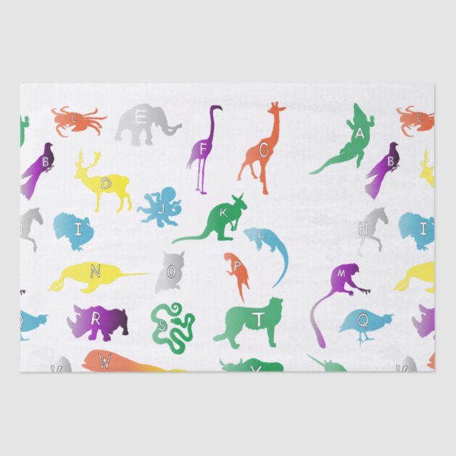 Papel De Seda Animal con letras. Alfabeto infantil, lindo (Anverso)